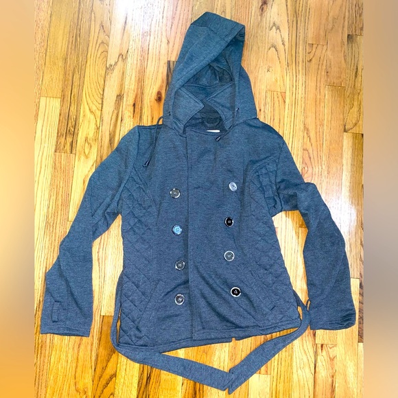 Bongo Gray Coat Designer Double Breasted Hooded Jacket Pockets Size L - Picture 1 of 10